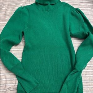 Ann Taylor Emerald Green Turtleneck Puff-Sleeve Sweater